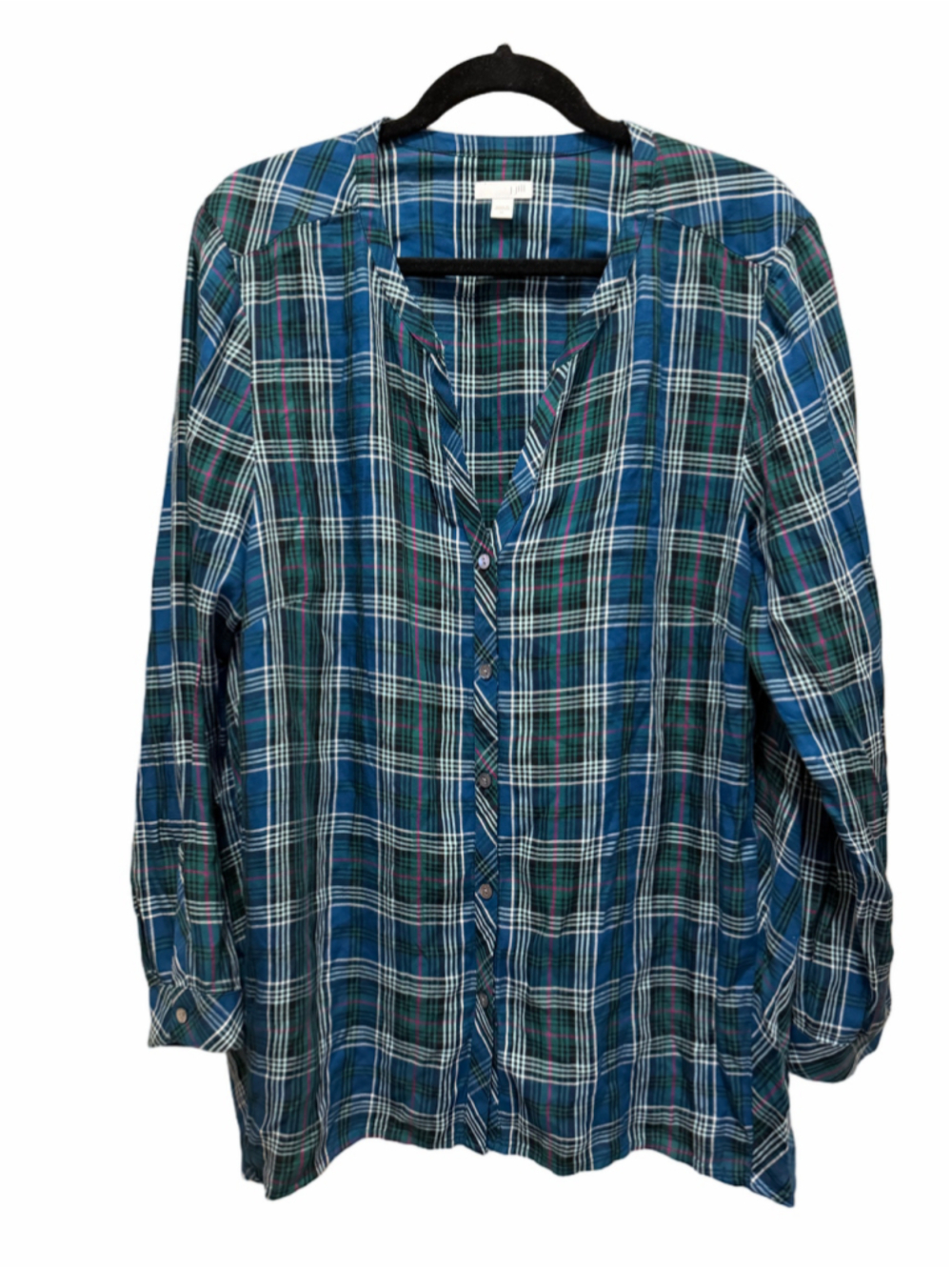 New J.Jill Women’s XL Blue Green Plaid Rayon Button Front Shirt